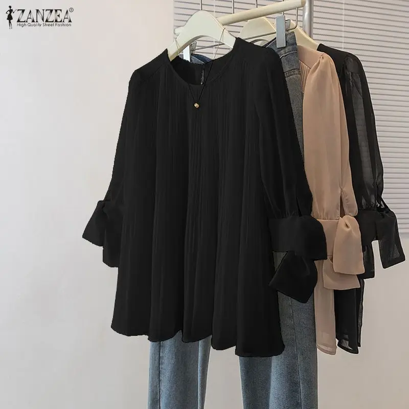 Blusa de Moda para Mujer ZANZEA, Verano, Manga 3/4 Abullonada, Camisas Sólidas, Elegantes Blusas de Oficina para Mujer, Túnica, Primavera 2026, Blusas Plisadas para Mujer