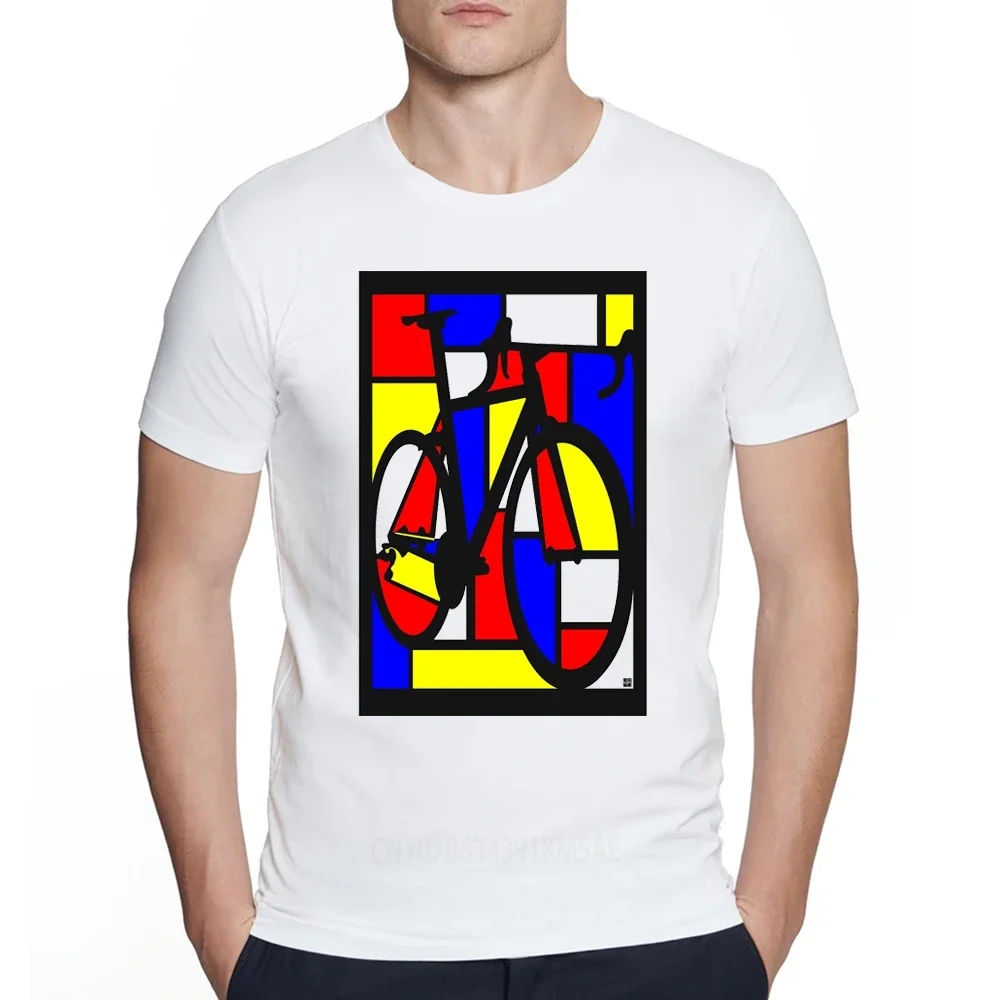 New Summer Fashion Men Short Sleeve Mondrian Bicycle Art Print T-Shirt Road Bike Print White Casual Tops Boy Tees