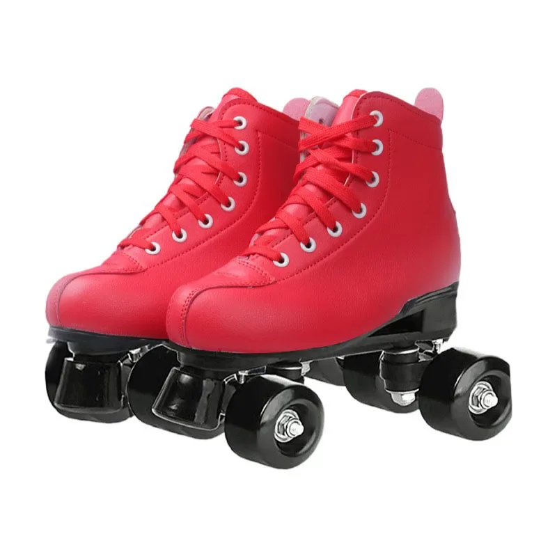 Roller Skate Shoes,Red Lether Roller Skates With PU Wheel Woman Man Patines Outdoor Double Row Flashing Skating Rollers Wheels