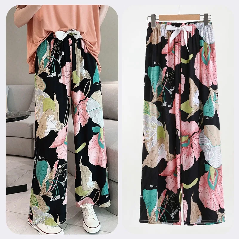 Summer Women Pants Floral Printed Wide Leg Sleepwear Lounge Bottoms Cotton Pants Calf-Length Pants Elastic Waist Casual Clothes