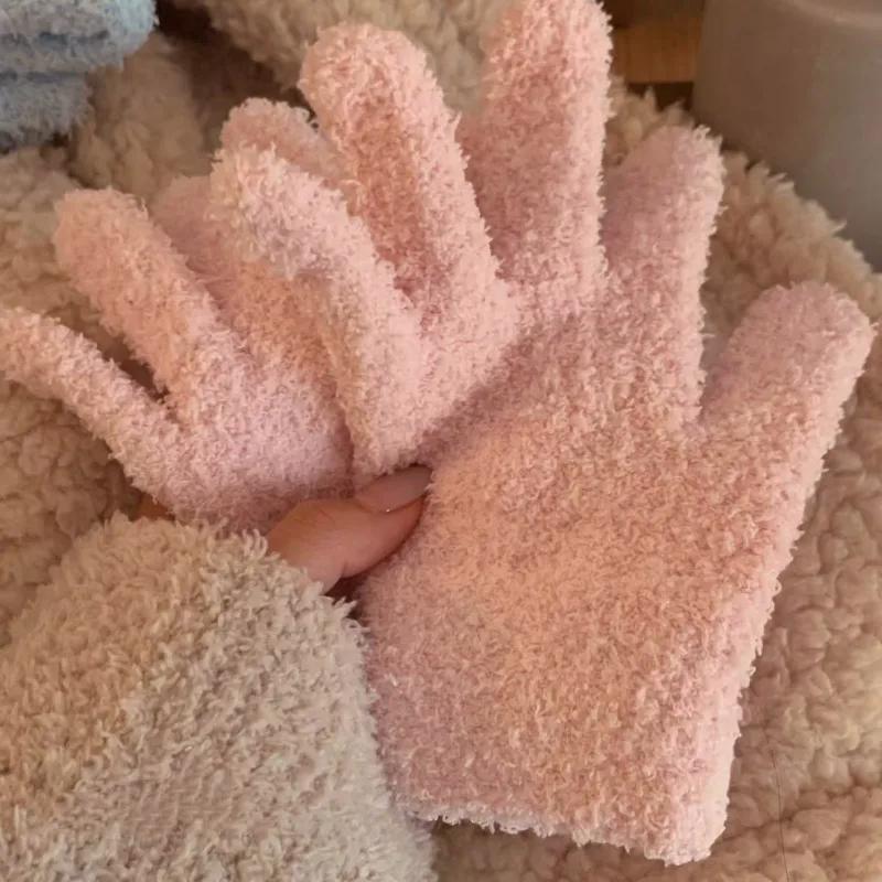 Guantes de terciopelo de Coral suave para mujer y niña, manoplas cálidas de felpa gruesa de dedo completo, calentador de manos de moda coreana,