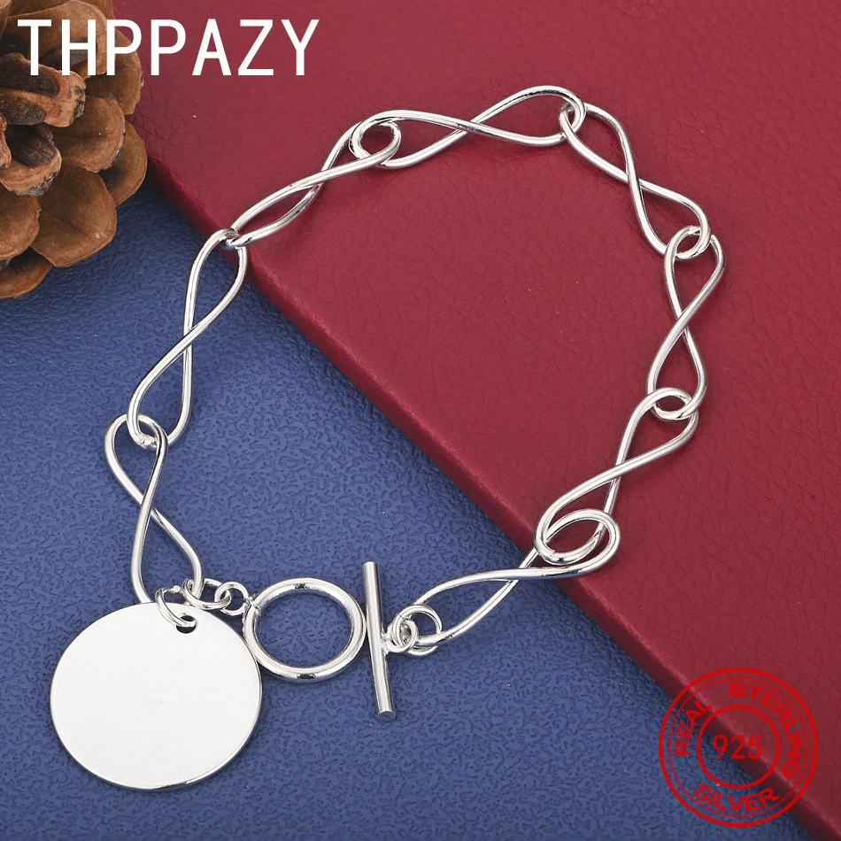 

THPPAZY 925 Sterling Silver Round Pendant 8-Inch Bracelet Fashion Simple Versatile Jewelry For Women Wedding Birthday Party Gift