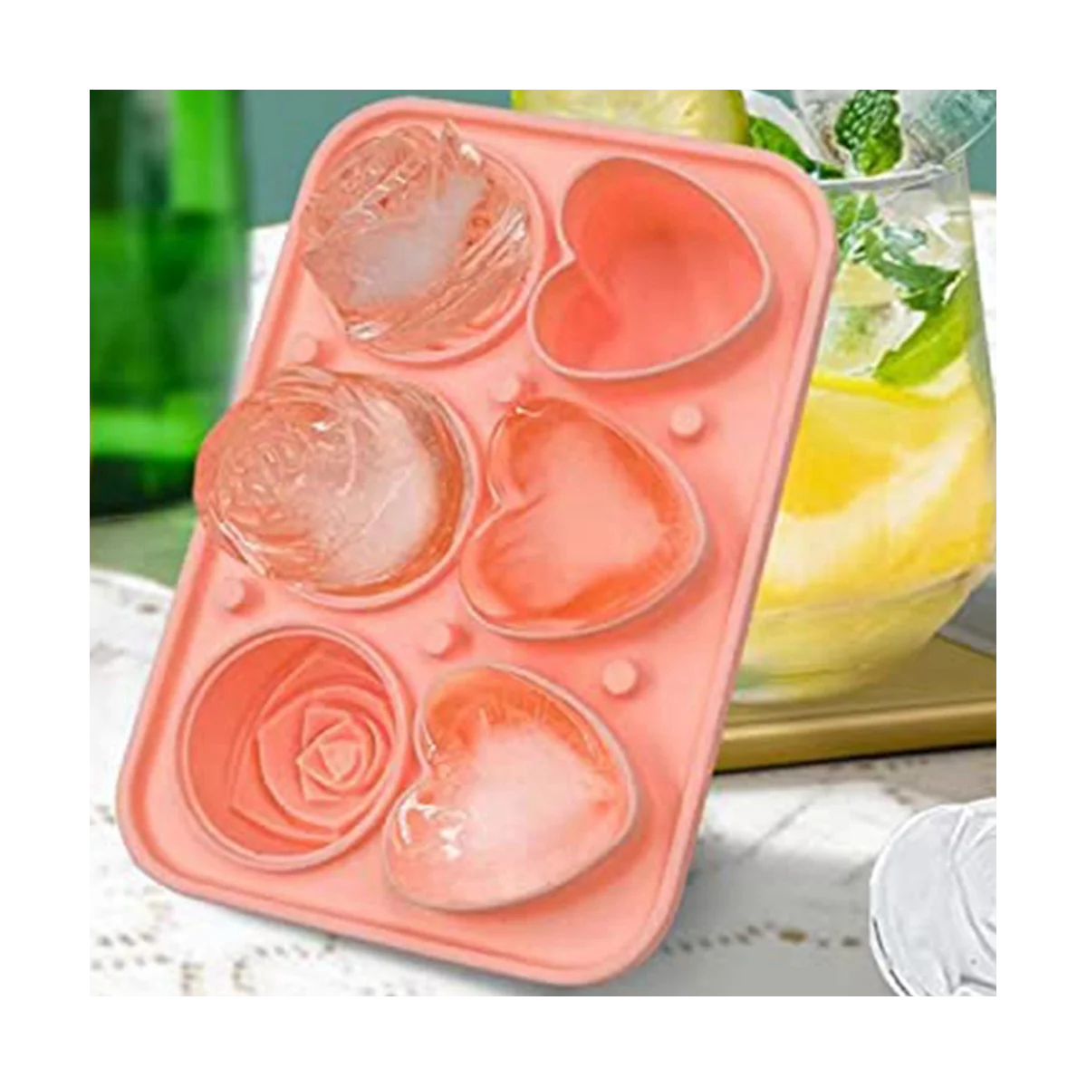 Roses Ice-Cube Mold, Heart Shape Ice-Cube Tray, Silicone Ice Mold, Ice Ball Maker for Whiskey Cocktails Drinks, Pink