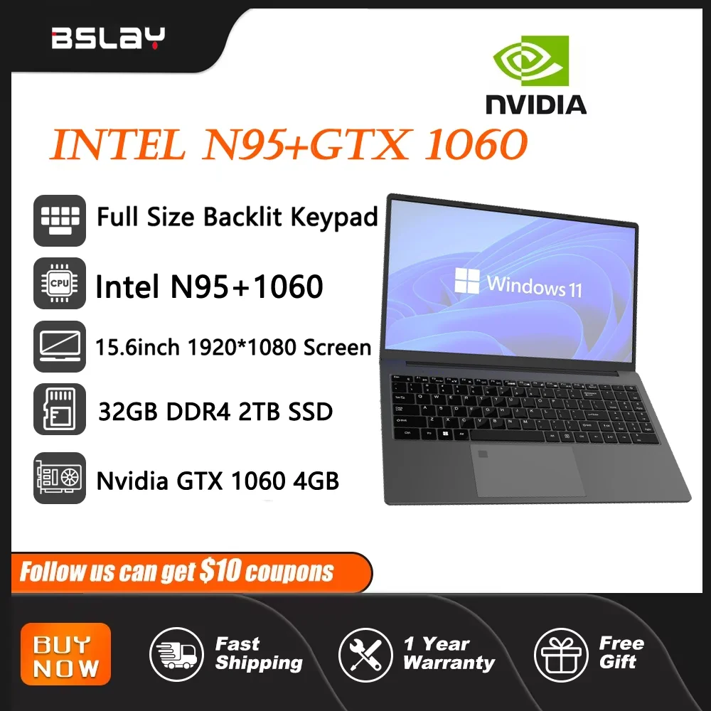 Intel N95 da 15,6 pollici NVIDIA GTX 1060 4 GB 32 GB RAM 2 TB SSD DDR4 Windows 11 3,4 GHz Sblocco impronta digitale Tastiera retroilluminata Notebook