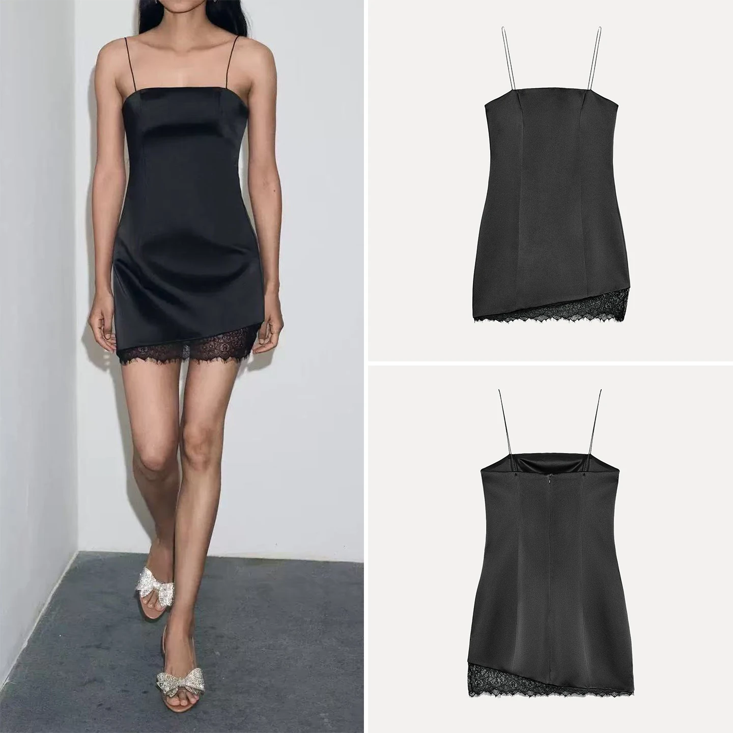 Z Women's Faionable Lace Silk Satin ort Dr Sli  Dr for Ladies Trendy European Sle No Sve Slim Fit