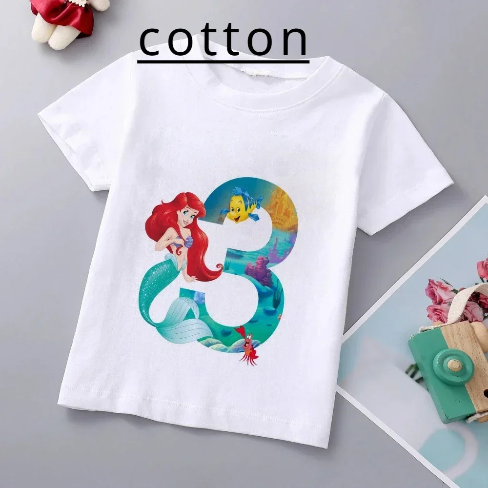 1-9 anni sirena Ariel principessa bambini T-Shirt in cotone Disney Girls Birthday Numble Summer Baby Tee Kid Clothes Cartoon Top