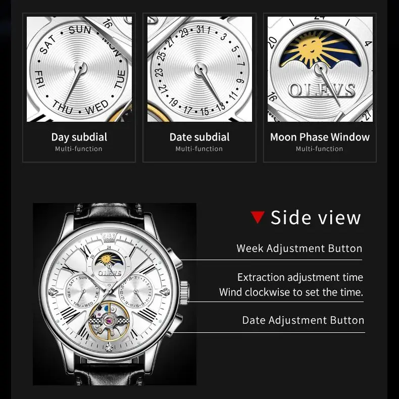 OLEVS 9912 Men Watch Classic Flywheel Skeleton Men Automatic Mechanical Watch Luxury Brand Waterproof Moonphase Men Watch Reloj - Image 4
