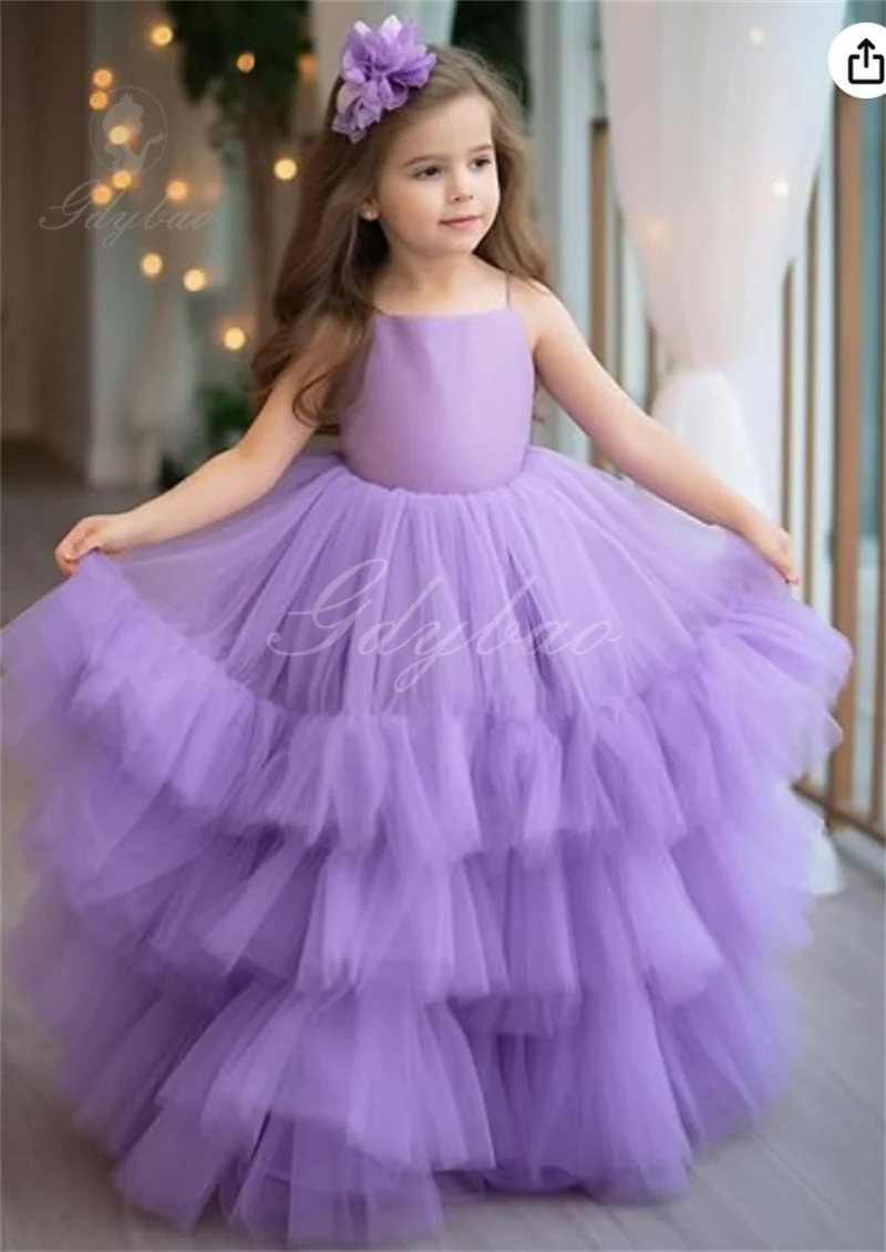 Flower Girl Dress Tiered Tulle Flower Girl Dress Criss Cross Back Spaghetti Straps Puffy Ruffles Ball Gown Girls Pageant Dresses