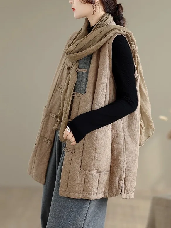 

Новый свободный хлопковый жилет в китайском стиле с дизайном на пуговицах, теплая внутренняя хлопковая льняная наполнитель, женская модная зимняя куртка