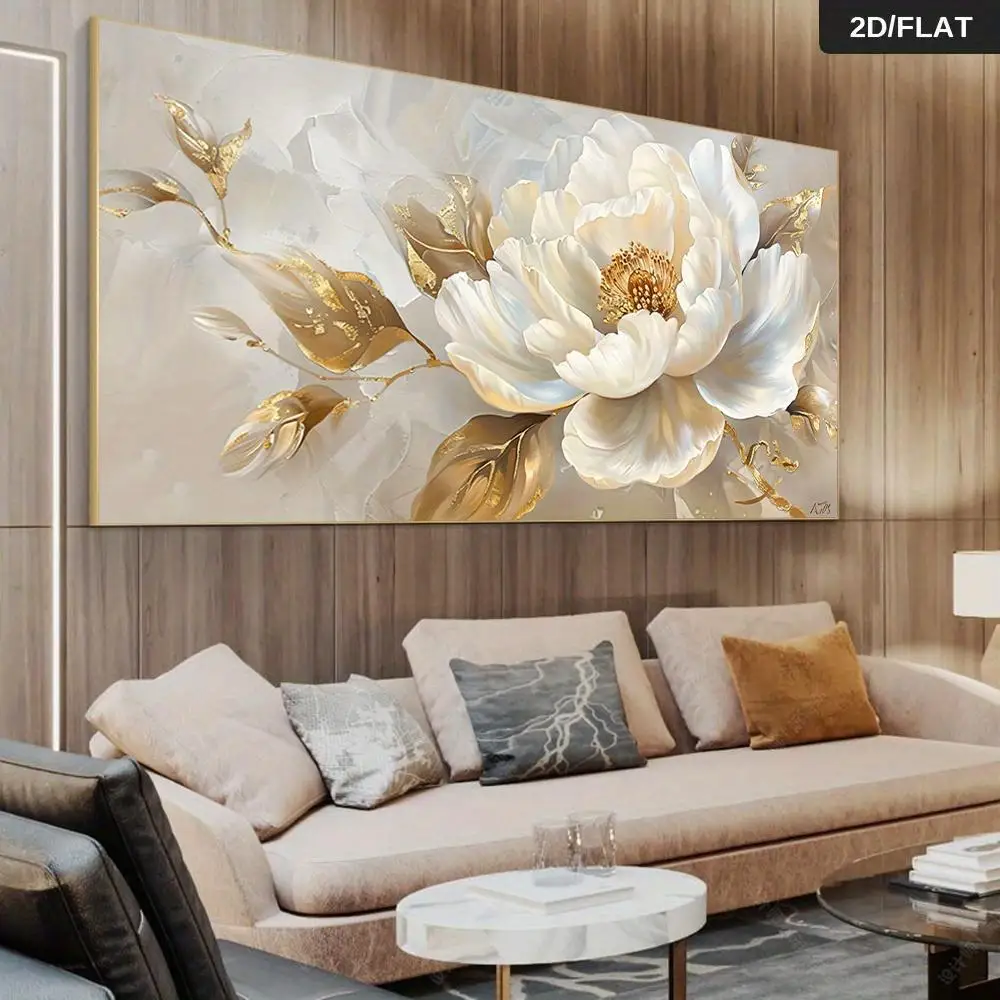 A Modern Abstract Gold Peony Mural - Perfect for Living Room and Bedroom Décor. The Soft, Light-Colored Printed Canvas Features
