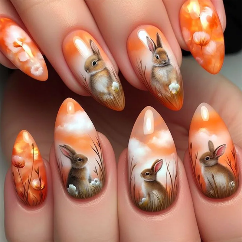 

24Pcs Long Almond Press on Nails - Easter Bunny Design with Orange & White Gradient and White Clouds