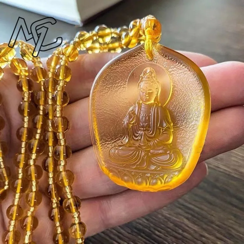 Chinese Yellow crystal Water Droplet Guanyin Bodhisattva Pendant Jewellery Fashion Hand-Carved Accessories DIY Women Man Amulet view 4