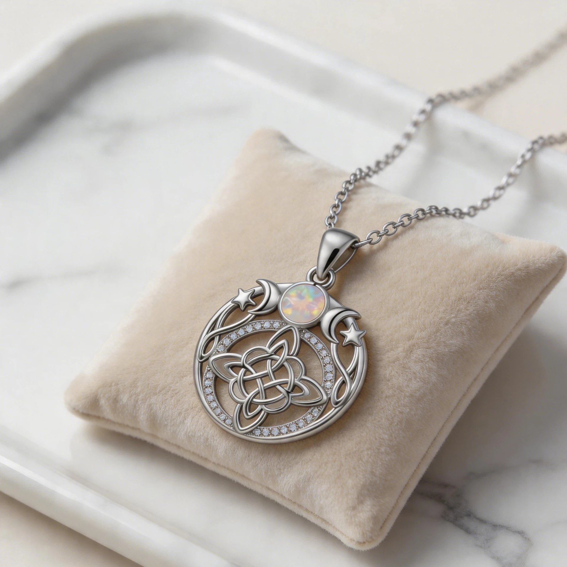 Thai Silver Triple Moon Goddess Witch Knot Necklaces Opal Zircons Sun Star Witchcraft Pendant Witch Amulet Protection Jewelry