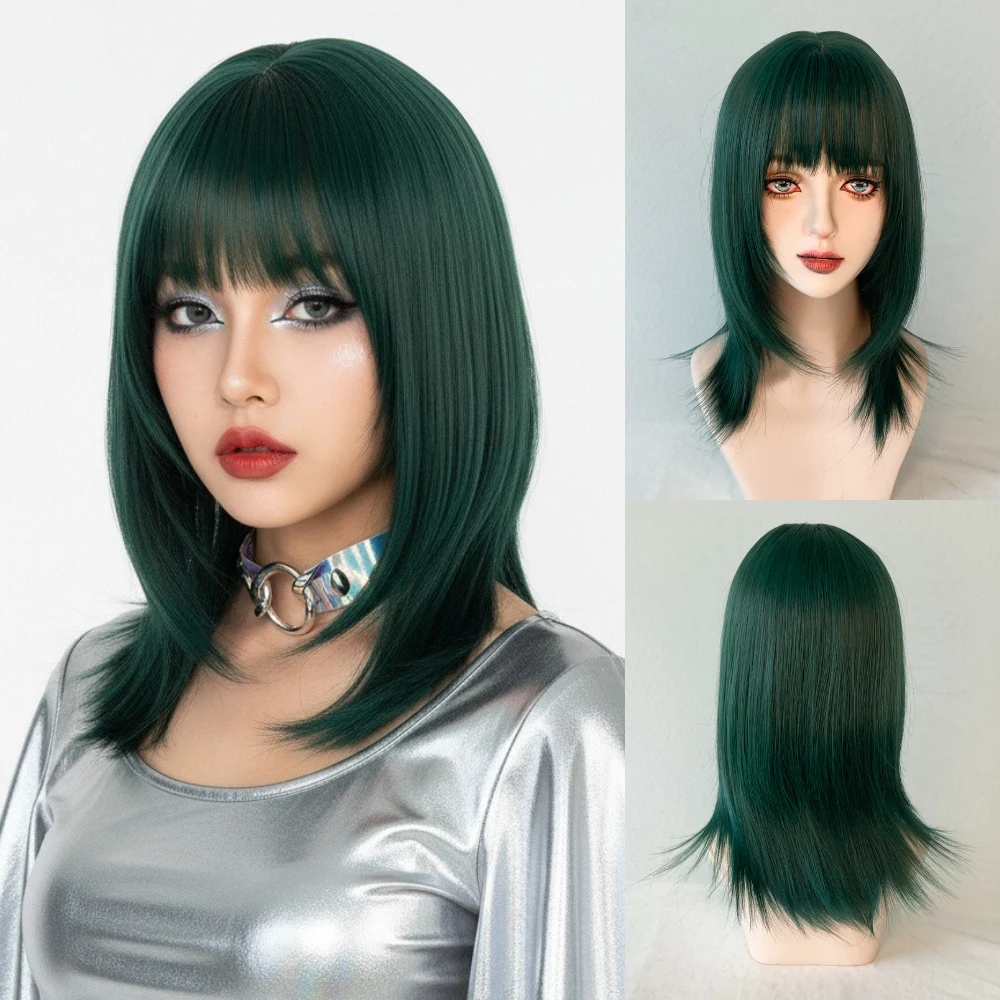 

Синтетические короткие шелковистые прямые парики с челкой, зеленые, для косплея, вечеринок, в стиле Лолита, для женщин, натуральные, термостойкие