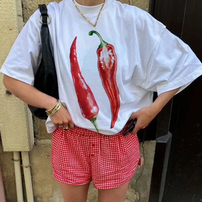 Cute Vintage Foodie Graphic Tees Y2k Aesthetic Oversized Chili Pepper T-Shirt Egirl Grunge Streetwear Top Women Fashion Clothing