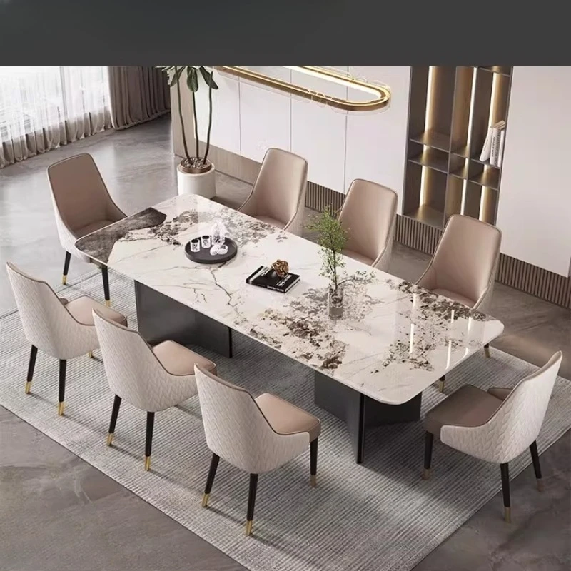 

Villa large long table, simple and modern bright rock slab dining table and chair combination