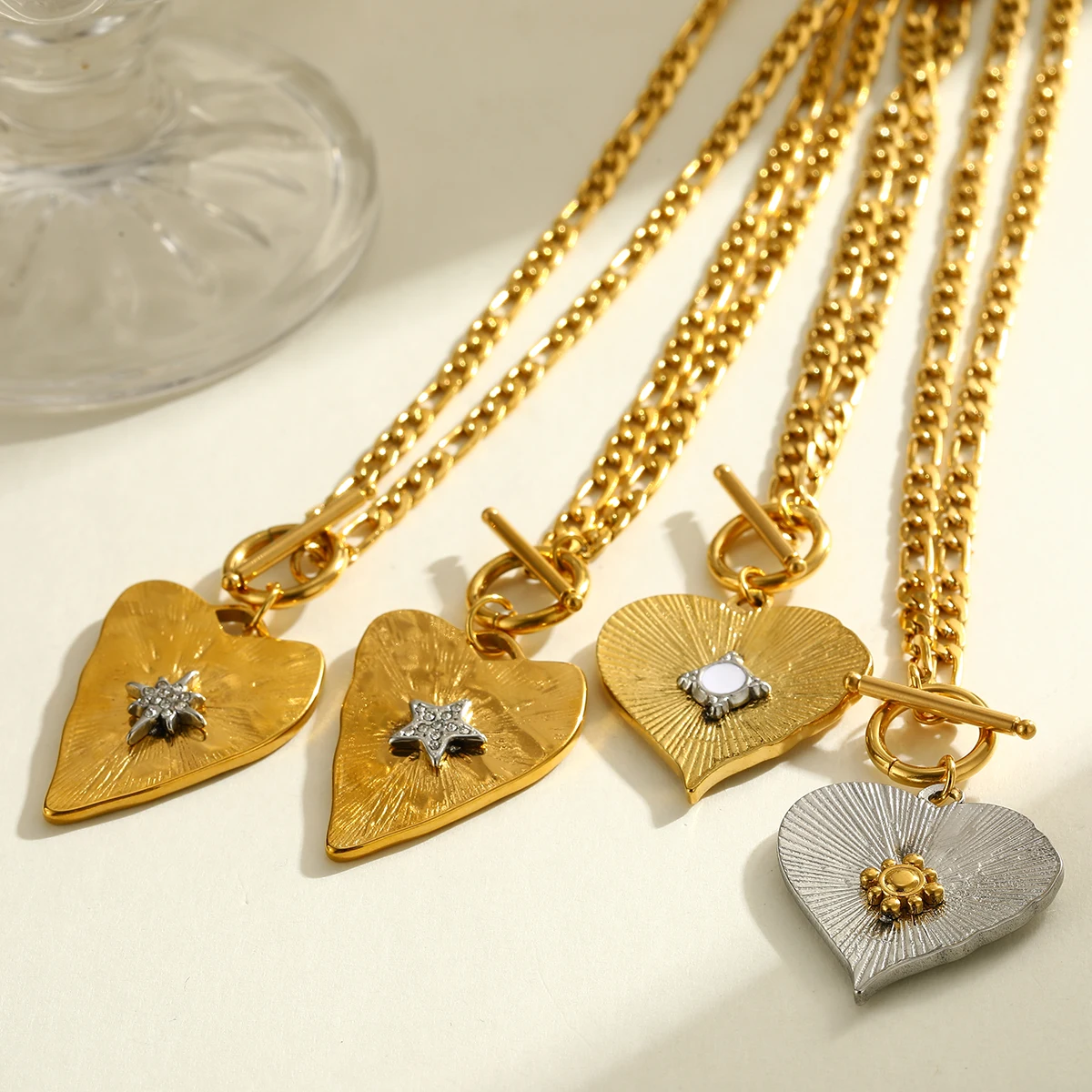 

Womens Stainless Steel Zircon Star Pendant Geometric Oil Drop Figaro Chain Necklace Mixed Color Jewelry Gift for Valentine's Day