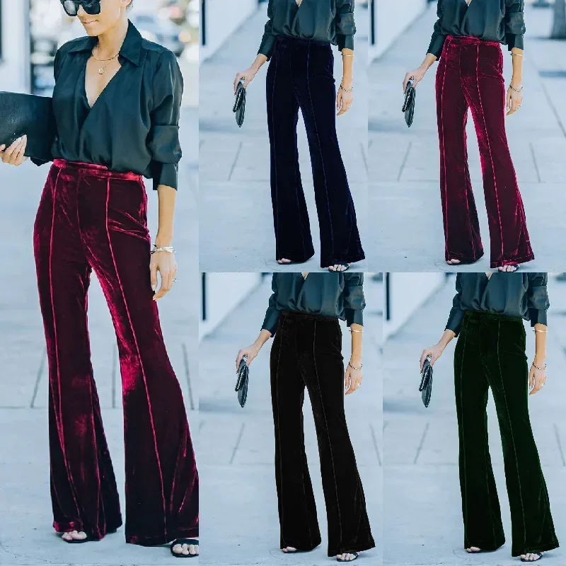Women Pants Solid Color High Waist Zipper Fly Flat Pockets Loose Capris Patchwork Button Flare Pants Office Lady Autumn Winter