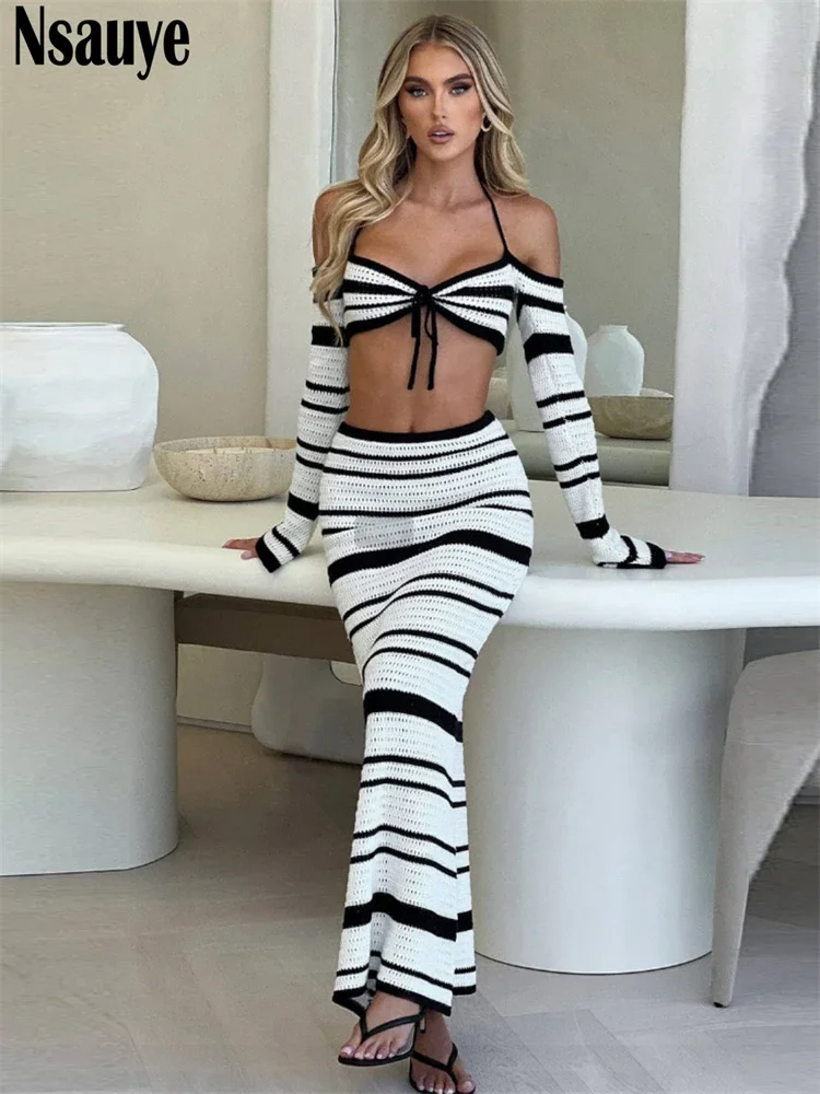 Nsauye Women Beach Holiday Long Sleeve Tops Low Waisted Knitted Y2K Striped Sexy Party Club New Fashion Skirt Two Piece Set 2024