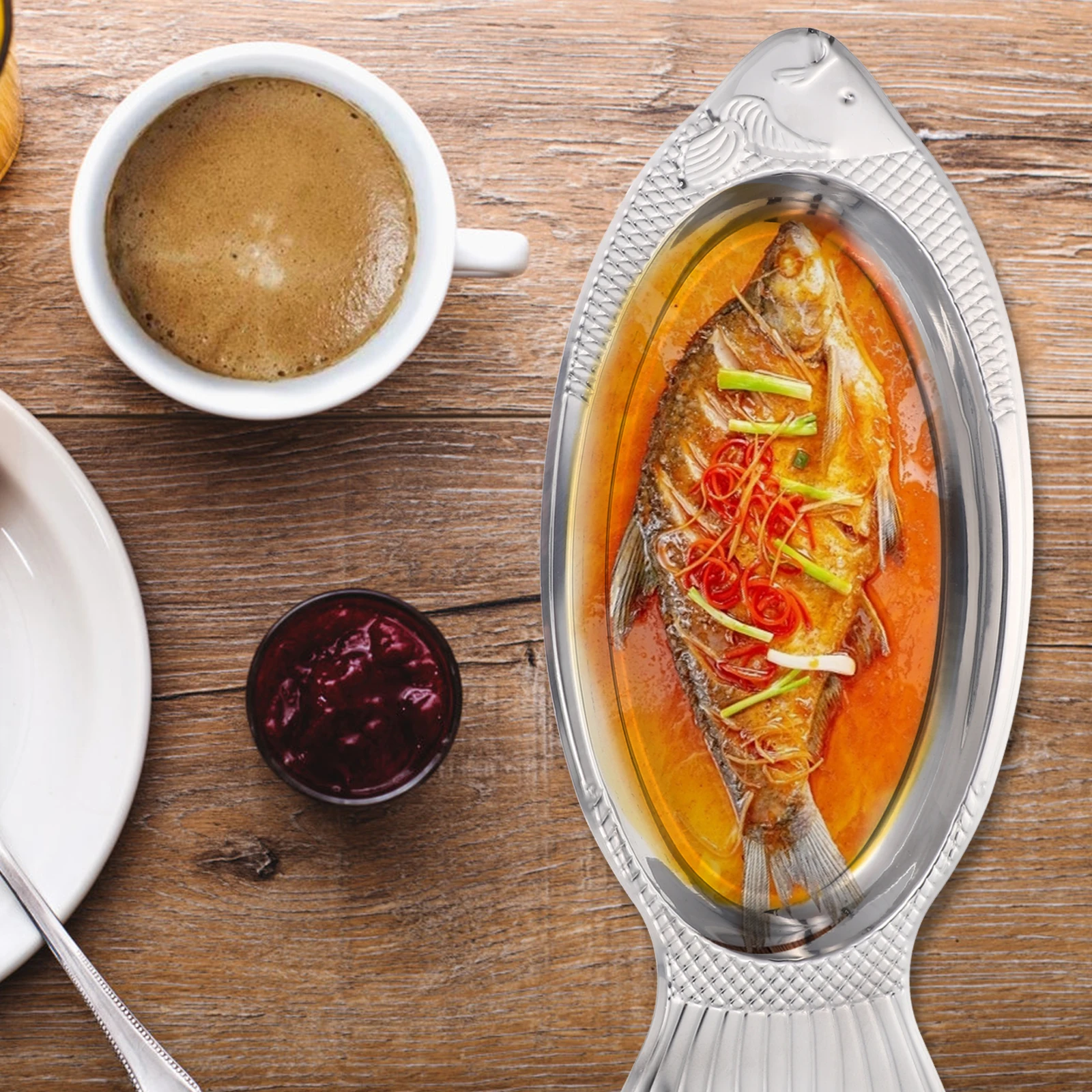 

Fish shaped Plate Stainless Steel BBQ Grilled Fish Steamer Dish Realistic Design Microwave Oven Easy Clean Kitchen Decor
