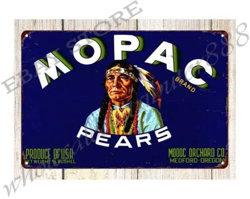 workshop sign Mopac Brand Pears Fruit Crate Label metal tin sign