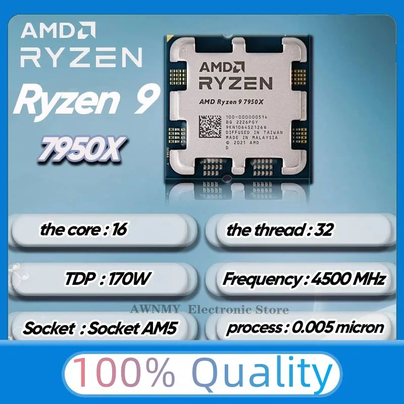 AMD Processor Ryzen 9 7950X, R9 7950X,4.5GHz,16 cœurs, 32 fils, Vermont 4, 5nm Radeon RDNA 2, L3 = 64M,100-000000514 Socket AM5