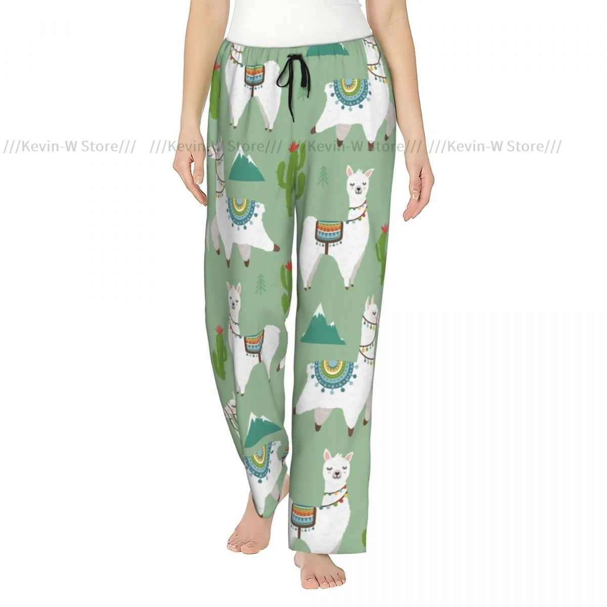 

Women Cozy Flannel Lounge Pants Soft Tribe Llama Cartoon Alpaca Cactus Pattern Sleep Bottoms for Winter Homewear