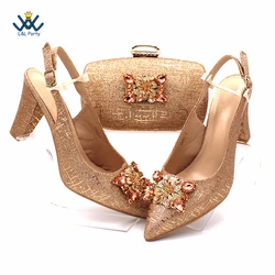 Zapatos de punta estrecha de alta calidad para mujer, Color champán, conjunto de bolso a juego para fiesta de boda nigeriana