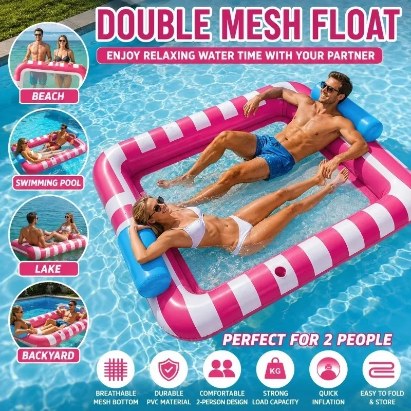 2 Person PVC Inflatable Pool Float Mesh Bed Striped Water Lounger Headrest Cup Holders Summer Pool Beach Party Relaxation