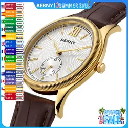 BERNY Luxury Men's Watch Slim Classic Elegance Dress Gold Quartz Watches for Men Leather Strap Fashion Business Wristwatch