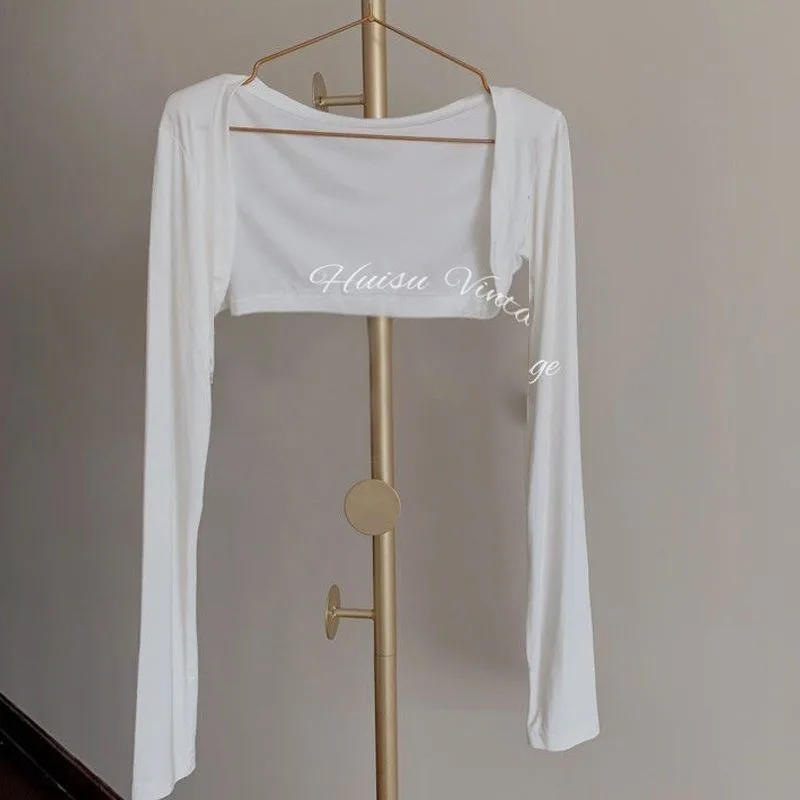 Women's White Cropped Bolero Cardigan Long Sleeve Open Front Shrug Sun Protection Cover