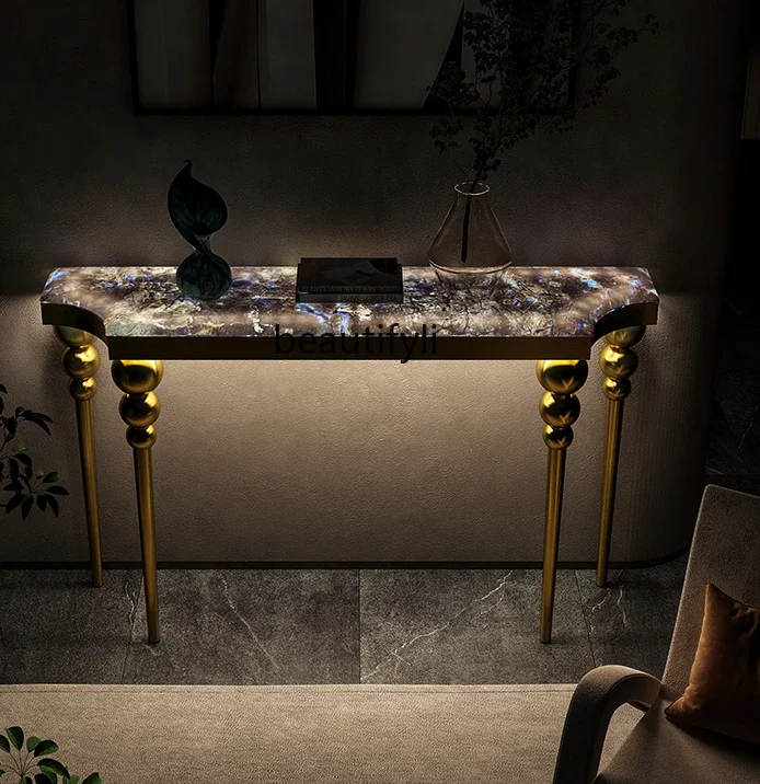 

zxqLight luxury stainless steel entrance cabinet, translucent marble ultra-narrow entrance door, decorative table, wall table