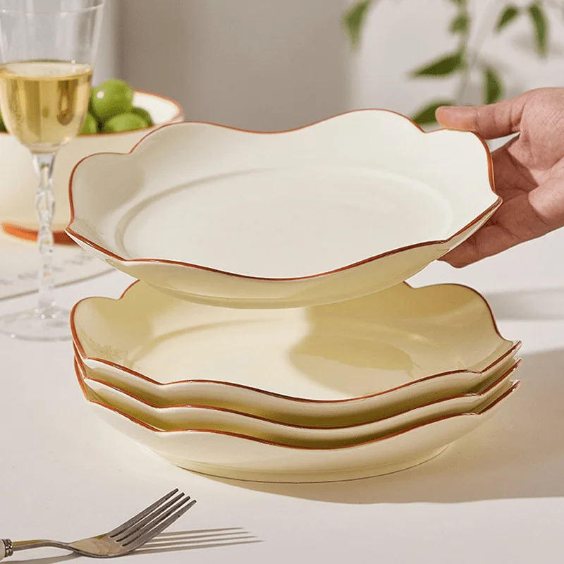 8Inch Ceramic Dark Plate 9Inch Flowers Edge Cream Wind Vegetable Plate New High Beauty Salad Round Shpaed Tray