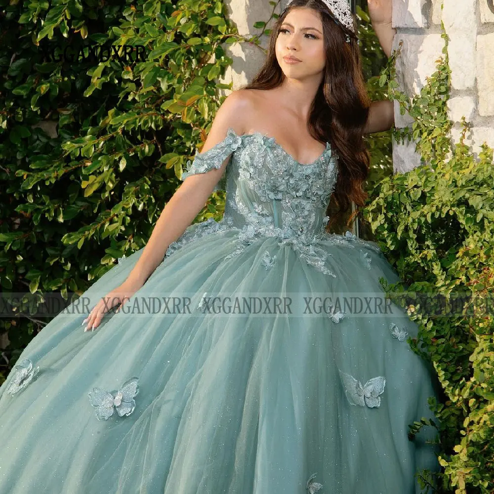 Butterfly Blue Quinceanera Dresses 2024 Gril Sweet 15 16 Birthday Party Gown 2024 Off Shoulder Sweetheart Backless Mexican Dress