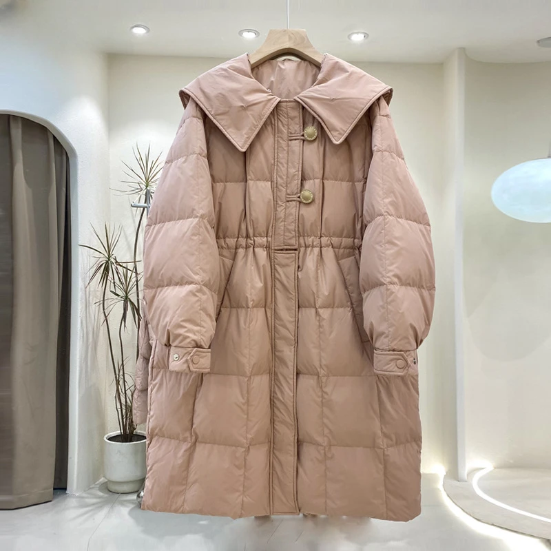 

2023 Winter New Elegant White Duck Down Jacket Women Mid Length Navy Collar Korean Style Puffer Coat Thick Warm Windproof Parka