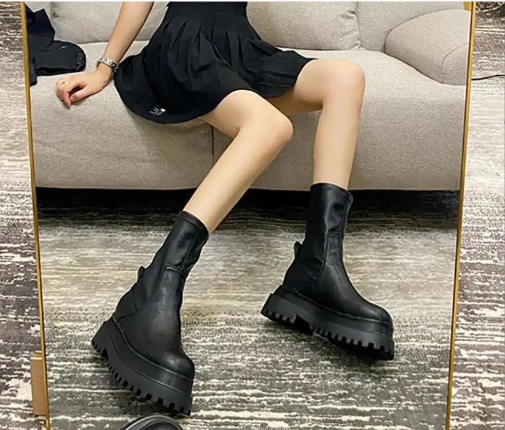 Fashion Winter Autumn Chunky Platform Heels Long Boots Round Toe Thick Sole Ladies Fashion Winter Women\'s Black High Boots Large