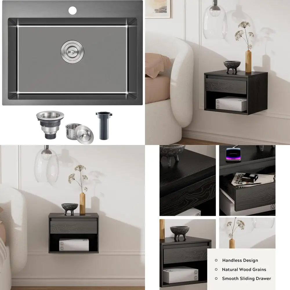 

Stainless Steel Single Bowl Kitchen Sink, 22 x 18 inches, Topmount Design, Black Finish, Durable 304 Grade