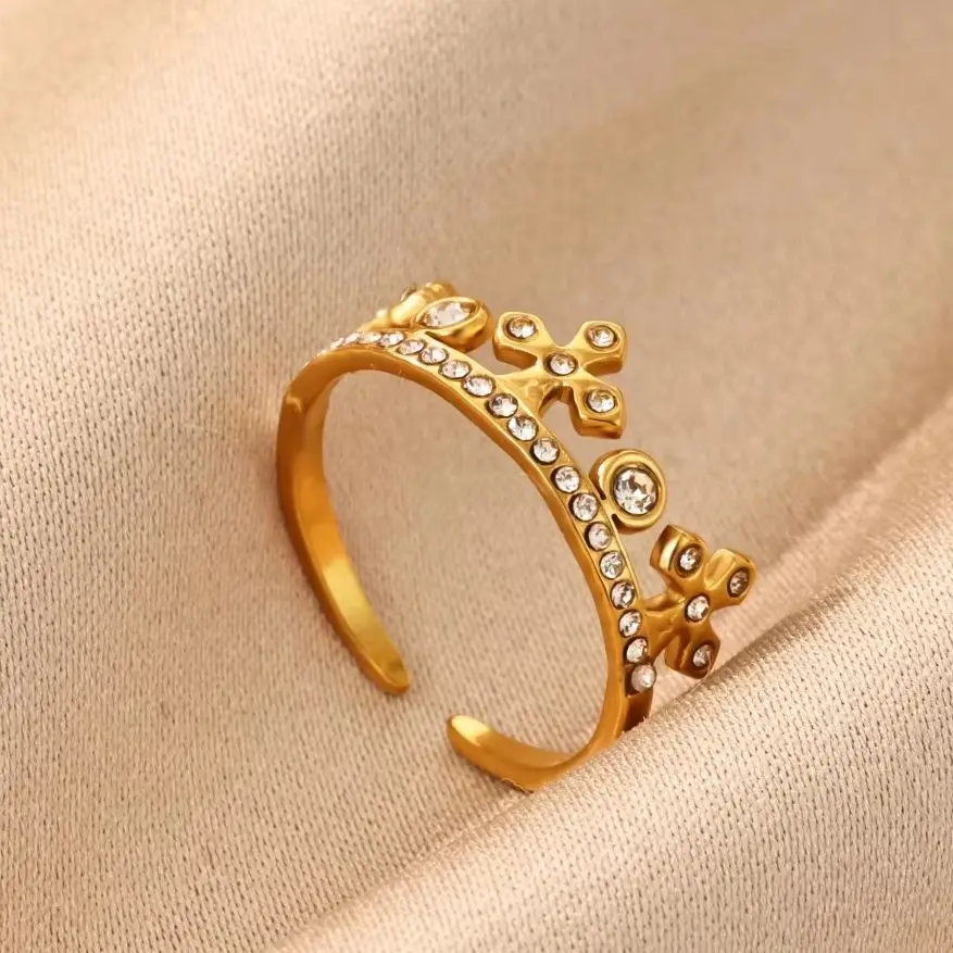 Zirkon-Kronenringe für Frauen, Goldfarben, Edelstahl, Geometrischer Kronen-Öffnungsring, Ästhetischer Hochzeits- und Weihnachtsschmuck, Geschenk