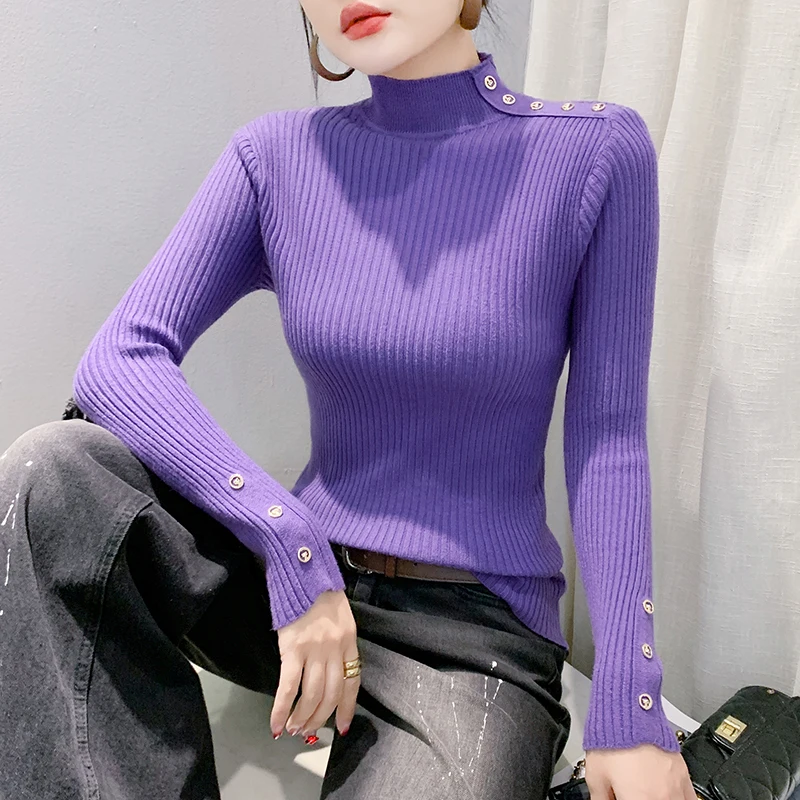 Autumn Winter Sweater Women Pullovers Long Sleeve Tops Clothes Slim Knit Soft Jumper Streetwear Button Turtleneck Sweater