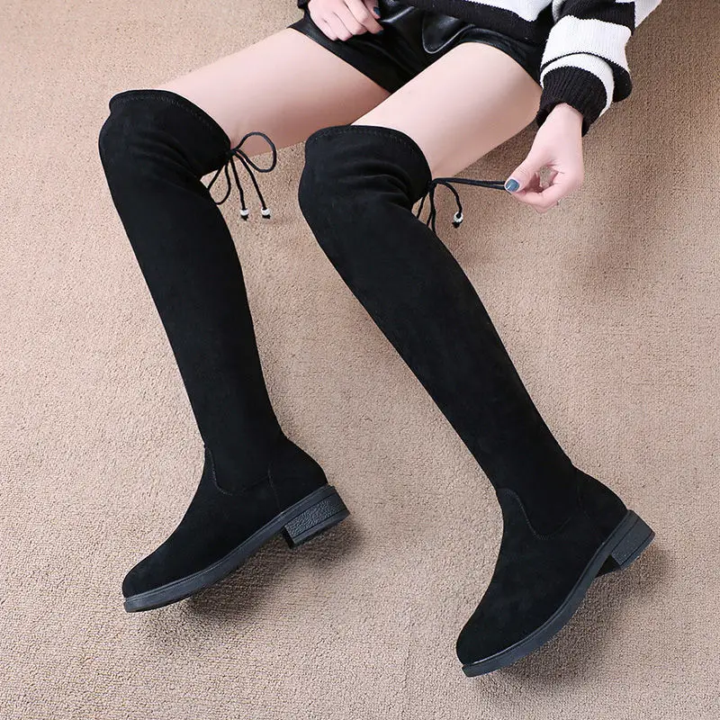 Shoes for Women Above Over The Knee Elastic Ladies Boots Round Toe with Laces Footwear Thigh High Lace-up Spring 2024 Cosplay Pu