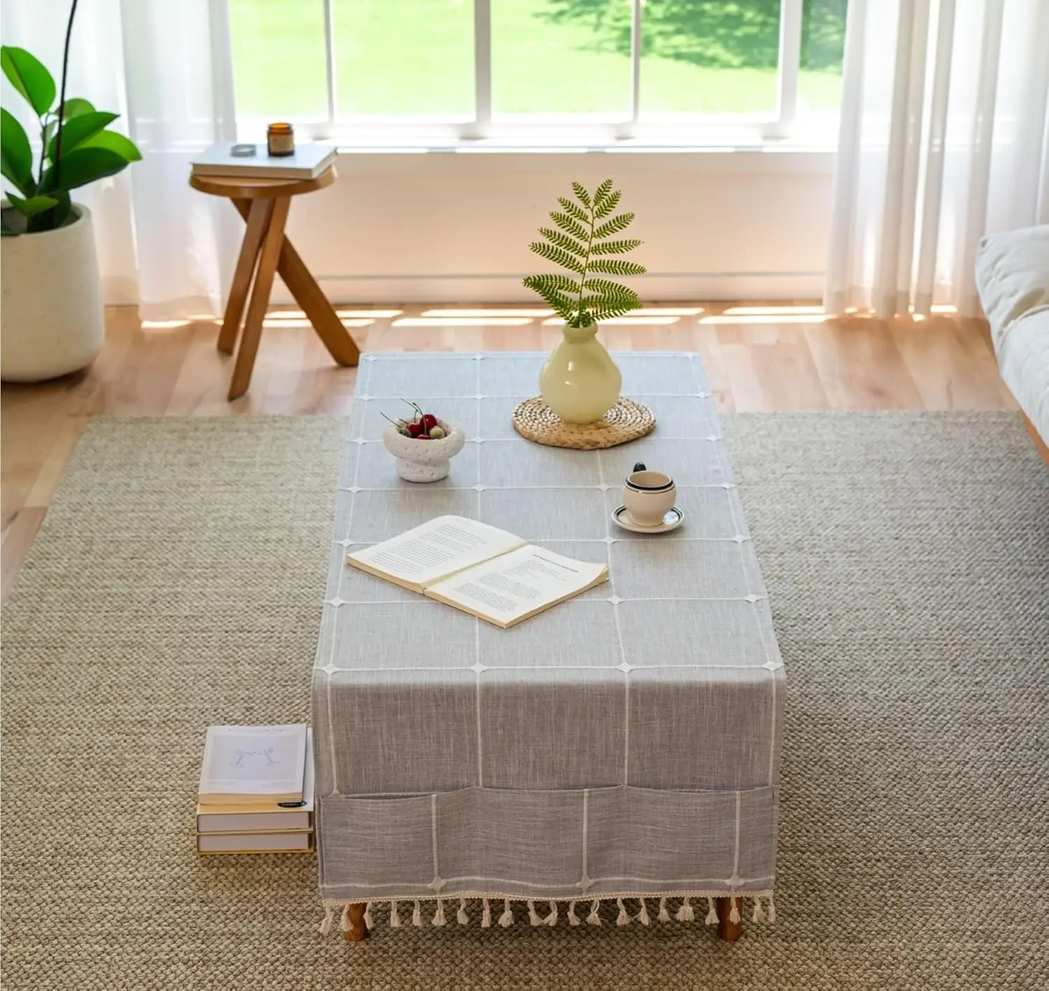 Coffee Table Cloth,Boho Jacquard Coffee Table Cover with Pockets and Tassel,for Coffee Tables,Washer,Dryer and Fridge Tops