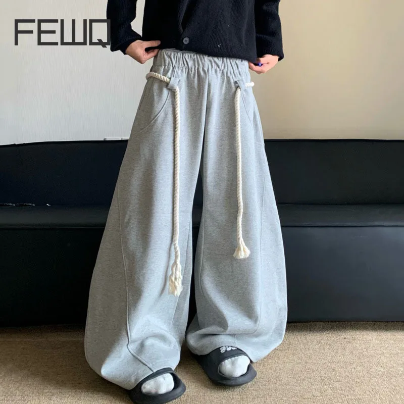 FEWQ 2024 Autumn New Men's American Sports Pants Lace-up Curved Knife Trousers Loose Straight Elastic Waist Sweatpants 24E2622