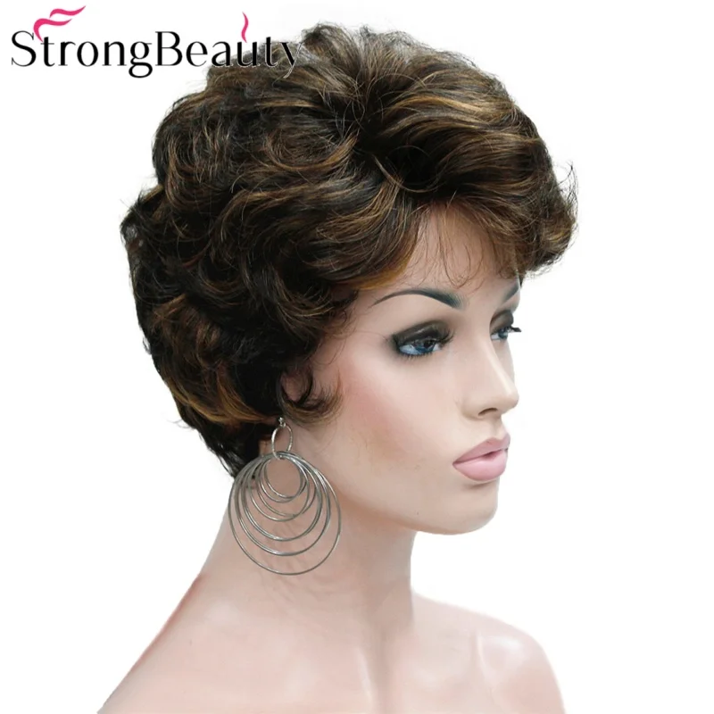 

StrongBeauty Короткие черные коричневые смешанные светлые мелированные парики Женские синтетические вьющиеся парики