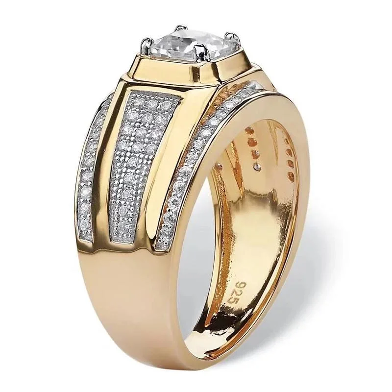 Classic Men's Ring Gold Plated Color Domineering Square Cut White Zircon Wedding Business Finger Ring for Men Fashion Jewelry