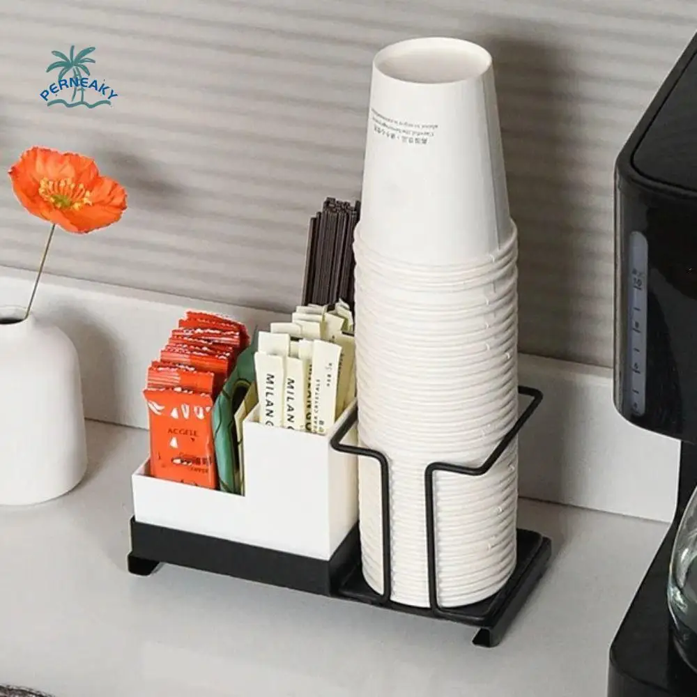 

Прочный бытовой держатель для бумажных стаканчиков, металлический диспенсер для кофейных чашек 3 в 1, разделенный компактный стеллаж для хранения чайных пакетиков, кухня