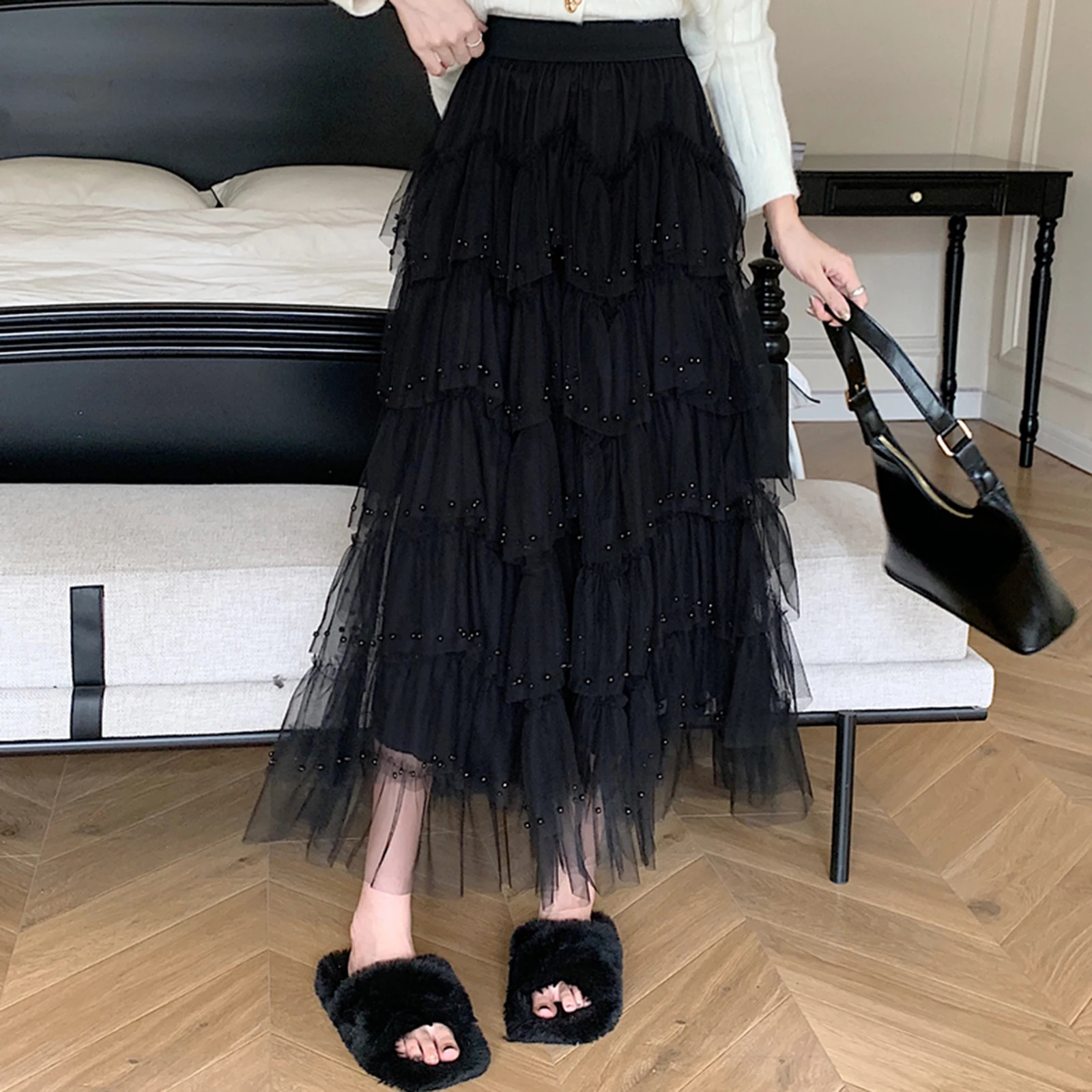 Damen Midi Röcke Perlen elastische Röcke mit hoher Taille Frühling Sommer lose lässige Tüll Tutu Röcke