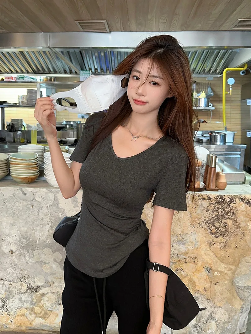 2026 Summer Y2K T Shirt Women V-neck Short-Sleeved T-Shirt Korean Fashion Solid Color Slim Crop Top Woman Tees Sexy Clothes