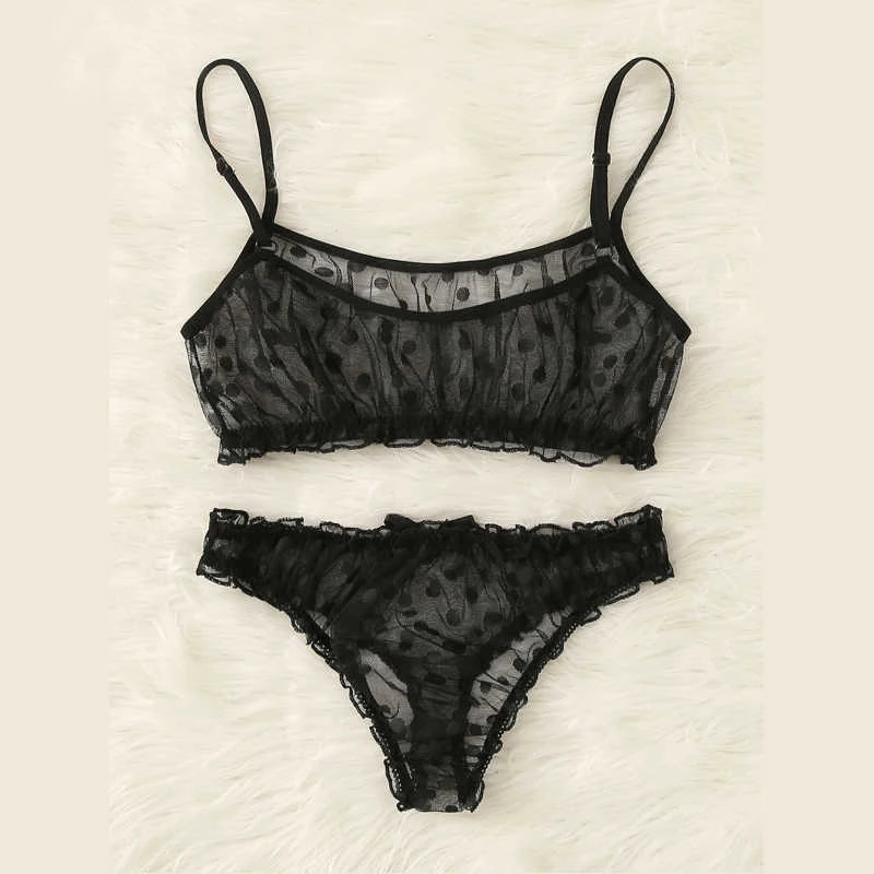 

Прозрачный комплект сексуального нижнего белья из 2 предметов, декор в горошек, однотонный топ на бретельках, сетчатый бюстгальтер и короткие комплекты эротической одежды