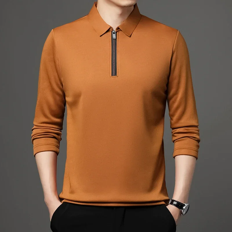 Solid Color Long Sleeve Polo Shirt Fashion Zipper Men\'s Polo Neck Top Cotton Polo Collar Long Sleeve T-shirt