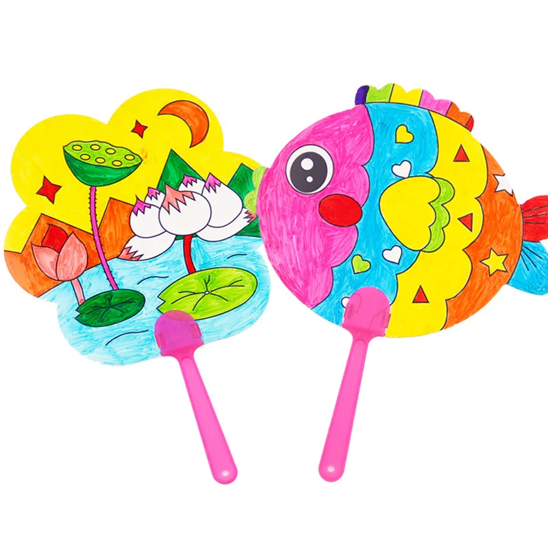 1pcs Children\'s Handmade DIY Painting Blank Fan Cartoon Paper Fan Hand-painted Graffiti Painting Coloring Fan Kindergarten